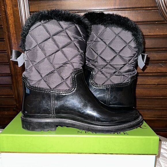 Kate Spade 9M Black Rubber Fleece Faux Fur Lined Rain Winter Pull-On Boots - Picture 6 of 15